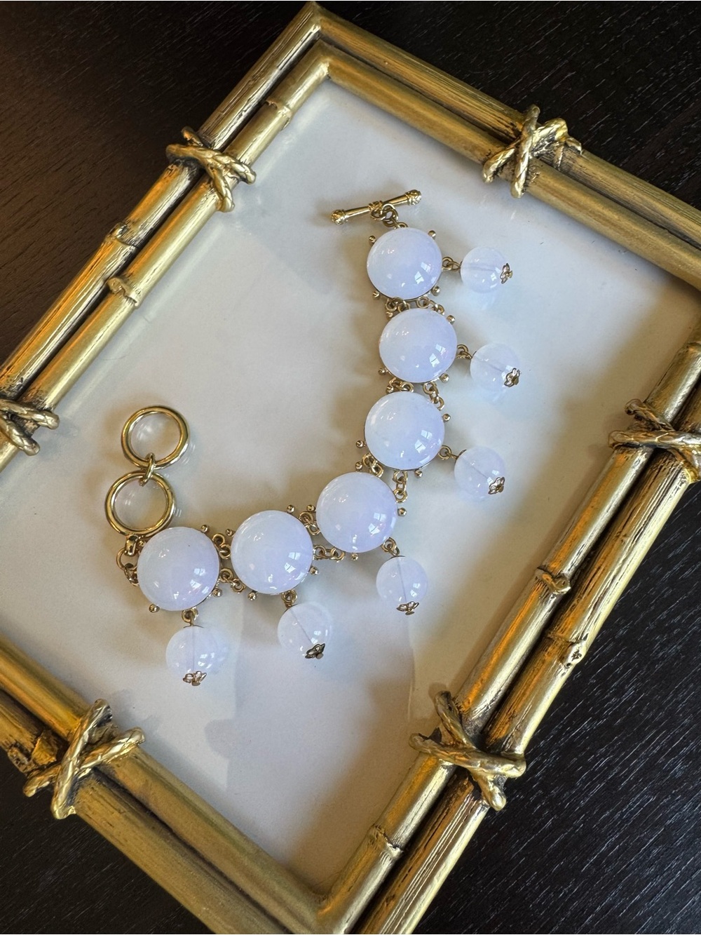 Gold & Frosty White Bead Dangle Bracelet - Bubble Cabochon Womens Jewelry